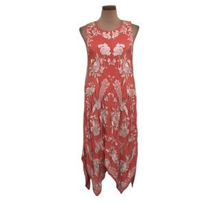 Anthropologie Tolani Midi Dress Size Medium Coral Cream Floral Bird Embroidered